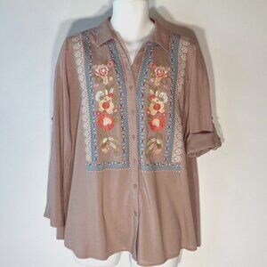 Andree by Unit SZ L Mocha Heavily Embroidered Tunic Top Boho Cottage Ranch